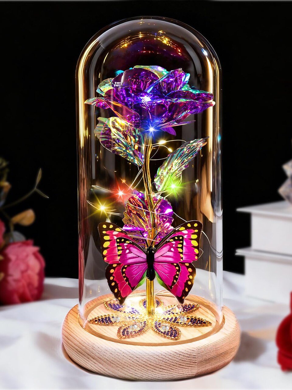 Beferr Birthday Gifts for Women Galaxy Glass Rose Forever Preserved Flowers for Delivery Light Up Rose in Glass Dome Mothers Day Butterfly Gifts for Mom Wife Grandma Her Daughter Girlfriend